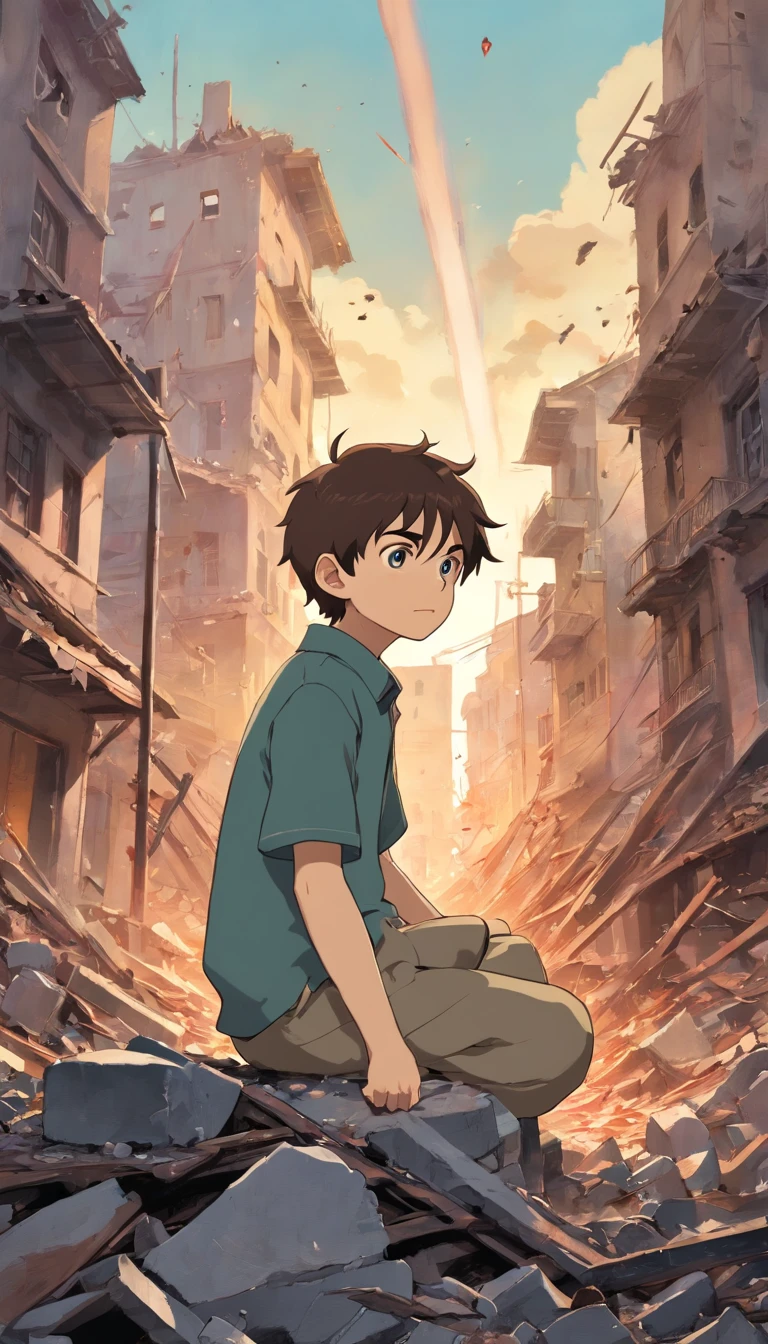 Depict a city torn into shreds by conflict: The skyline is a haunting silhouette of crumbling buildings and charred ruins, where life once thrived but now lies in desolation. In the foreground, amidst the rubble and debris, stands a young boy, tears streaming down his face, capturing the innocence lost in the chaos. His small frame contrasts sharply with the devastation surrounding him, his cry a silent scream against the overwhelming destruction. The muted colors of the scene emphasize the bleakness, with twisted metal, broken glass, and remnants of everyday life scattered around. Yet, in the boy's tear-streaked face, there is a glimmer of resilience, a poignant reminder of the enduring human spirit amidst the harshest of trials.