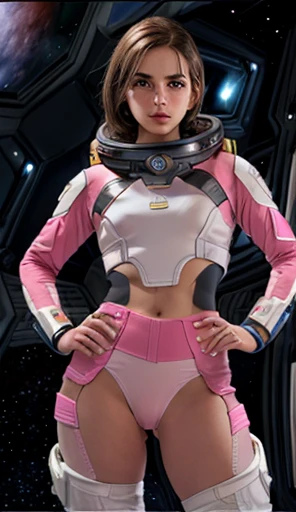 A cute European caucasian brunette (light brown hair) wearing a tight-fitting low-cut pink combat uniform with bare arms, military patches on the pink uniform, science fiction, female space combat uniform, background is a launch bay filled with spaceships