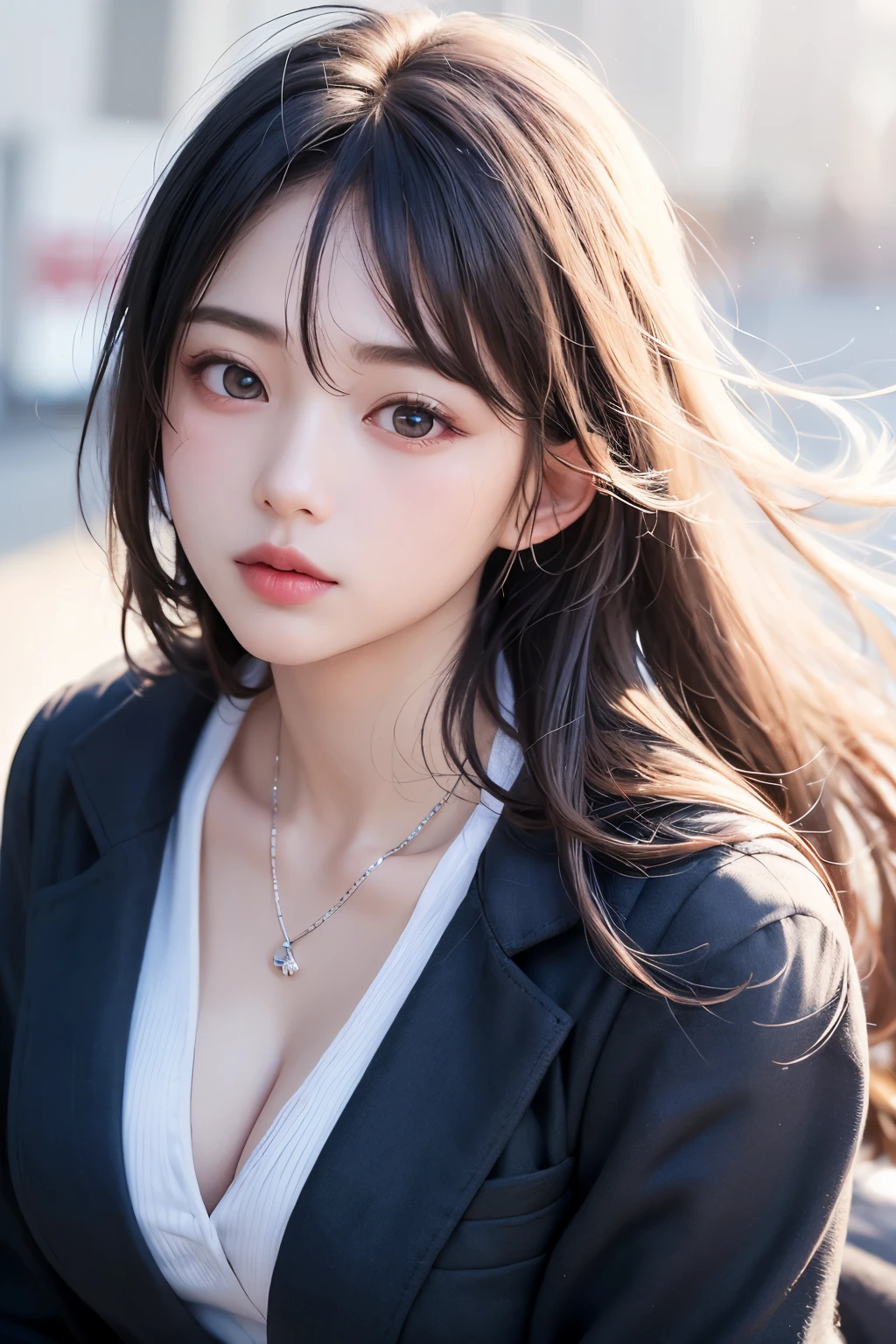 (1 nogizaka girl,raw photo,photo realistic:1.5),(best quality, high quality,HDR, highest quality,ultra high resolution,high resolution,high res,ultra high difinition,huge file size,8K,2K wallpaper,8K wallpaper,high quality texture,amazing,an extremely delicate:1.4),one girl, Japanese famous idol,beautiful face,small face,absurd,ridiculous,incredibly ridiculous,portrait,breasts close up,blurry background,(school uniform,cleavage,no makeup:1.2),(six_heads tall),medium skin,beautiful skin,detailed skin,six heads tall,black hair,silky hair,(Japanese eyes:1.3),detailed eyes,black eyes,Japanese idol eyes,triangle eyes,Japanese nose,5-fingers,(Light Particles, Lens Flare, Luminous Particles: 0.7),looking at viewer,bright lighting,professional lighting,girl