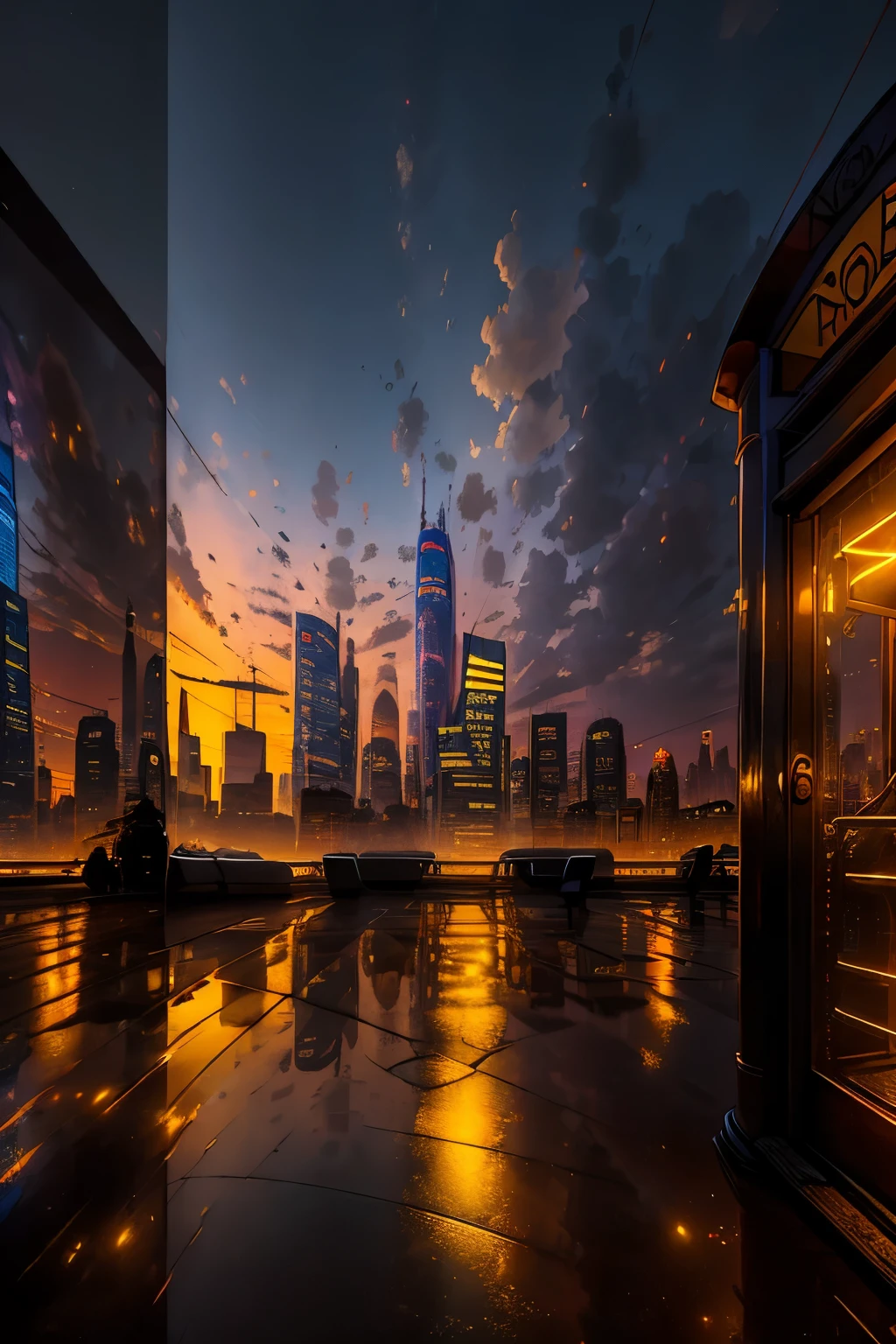 High Definition Image Transformation:

A breathtaking cityscape at twilight, with towering skyscrapers bathed in the glow of the setting sun. The city, a blend of modern and vintage architecture, showcases a panoramic view of the metropolis. The color palette is a harmonious blend of warm hues, with the city's lights creating a kaleidoscope of colors reflecting off the glass facades.

In the foreground, there's a wide, empty street, illuminated by the soft, golden light of the sunset. On the sidewalk, there's a vintage telephone booth, its once-bright red now softened by time and