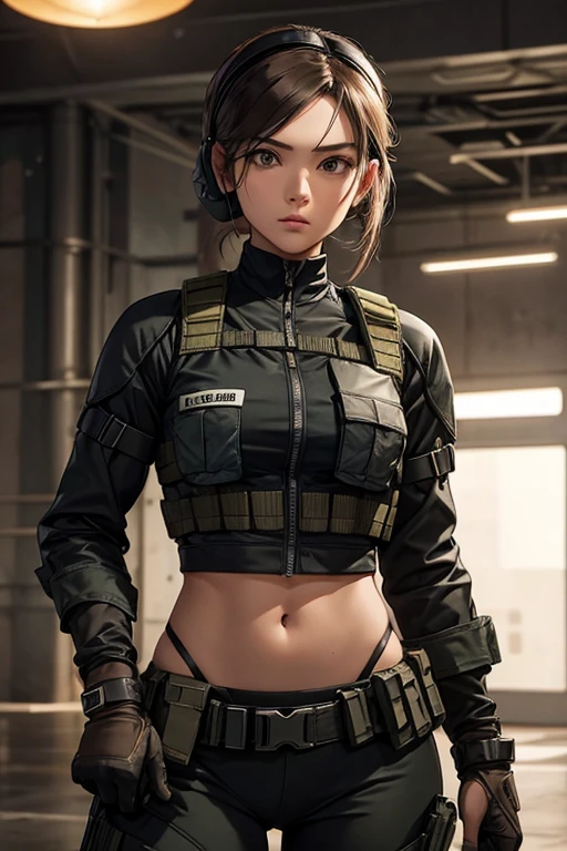 a woman in a black outfit holding a rifle and wearing headphones, 24-year-old woman, Filipino woman, tan bronze skin, soldier girl, mechanized soldier girl, military girl, beautiful female soldier, female lead character, infantry girl, of a sniper girl in war, solo female character, future combat gear, close up half body shot, Women in crop top military bulletproof vest, showing navel, quiet from metal gear solid v, wearing tactical gear, dressed in tactical armor