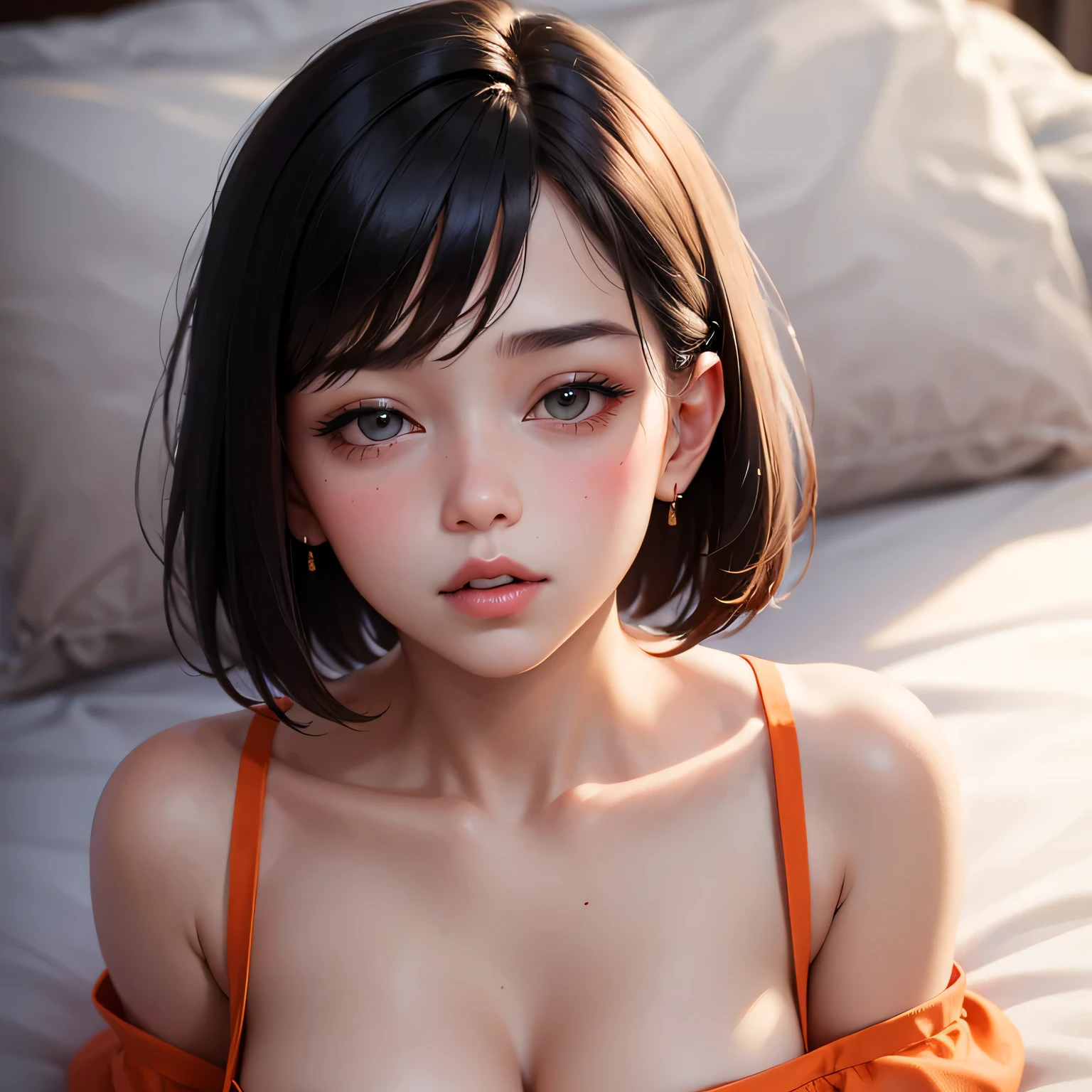 Amazing portrait of a ???? and cute girl with a short bob hairstyle and a seductive gaze who is blushing intensely with parted lips and is desperate and flustered and ??????? wearing an off shoulder orange t shirt showcasing her ???? shoulder while lying on bed