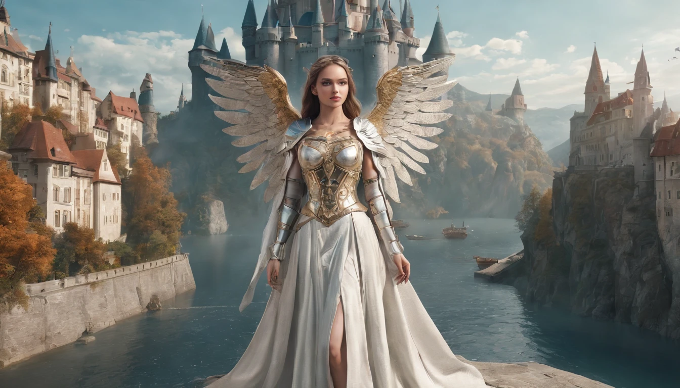Full body shot, wide view, an Avenging Angel, female, wearing medieval armor, she has large wings and can fly, she floats in the air, in front of a fantasy castle with a river and a boat, fantasy city background, beautiful art uhd 4 k, 4k fantasy art, high fantasy castle, epic castle with tall spires, young woman, 27yo, fantasy capital city, fantasy cityscape, beautiful young Angel, fantasy castle, 8k high quality detailed art