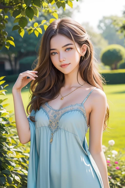 capture a candid moment, Ultrarealistic photograph, insanely detailed and intricate, {25 year old, female, russian, wavy brown hair with golden highlights, light blue silk nightgown, natural skin tones, smiling flirtatiously, small perky breasts:2} natural colors, standing in a very large garden, in the sun, highly detailed, realistic face, beautiful detailed eyes, intricate, hyper detailed, sharp, perfect focus, canon eos r camera, f22, Canon RF 85mm,