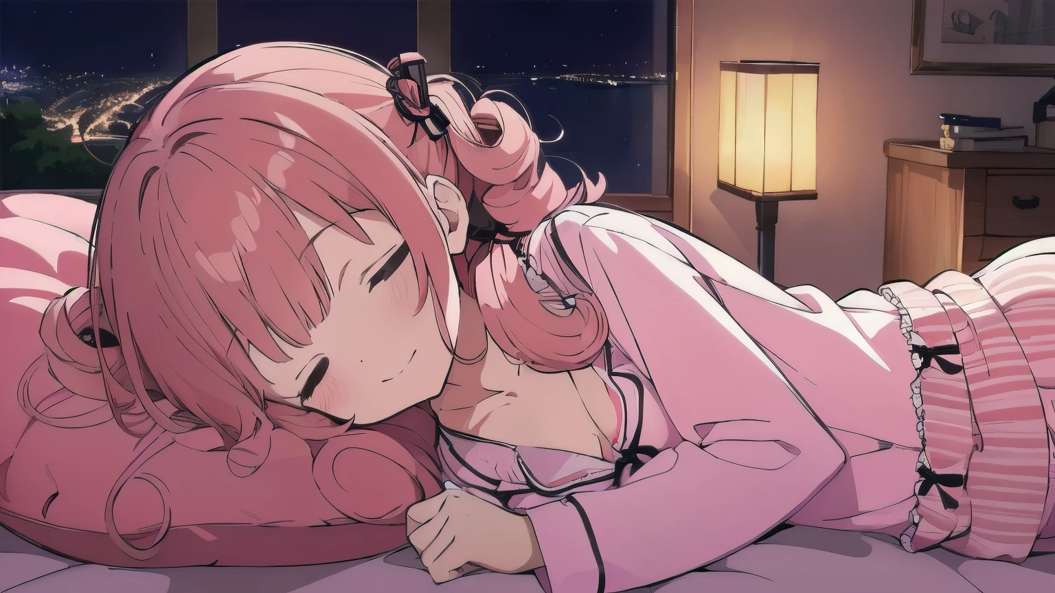 Very detailed, Detailed Background,　(highest quality, masterpiece, High resolution), One girl,　Demure,　(Curly Hair:1.4), Twin tails, smile,　 Mid-chest, Pink Hair,  Upper Body, pajamas,　long hair、　(night:1.4),　Dimly lit room, Co-sleeping style,　reluctant machine