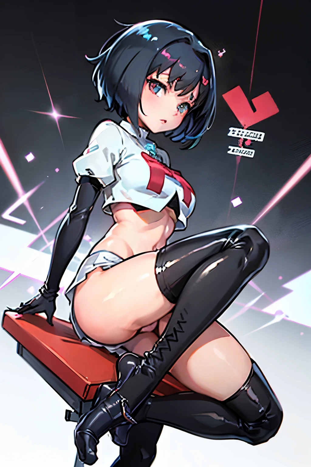 Erica、Pokémon、Black Hair、Short Hair、Large 、Jail、One girl、((Black thigh-high socks))、(Long gloves)、(first round)、(Chained)、((Crucified on the examination table))、(Being restrained)、Leg spread、(Team Rocket)、Red ribbon