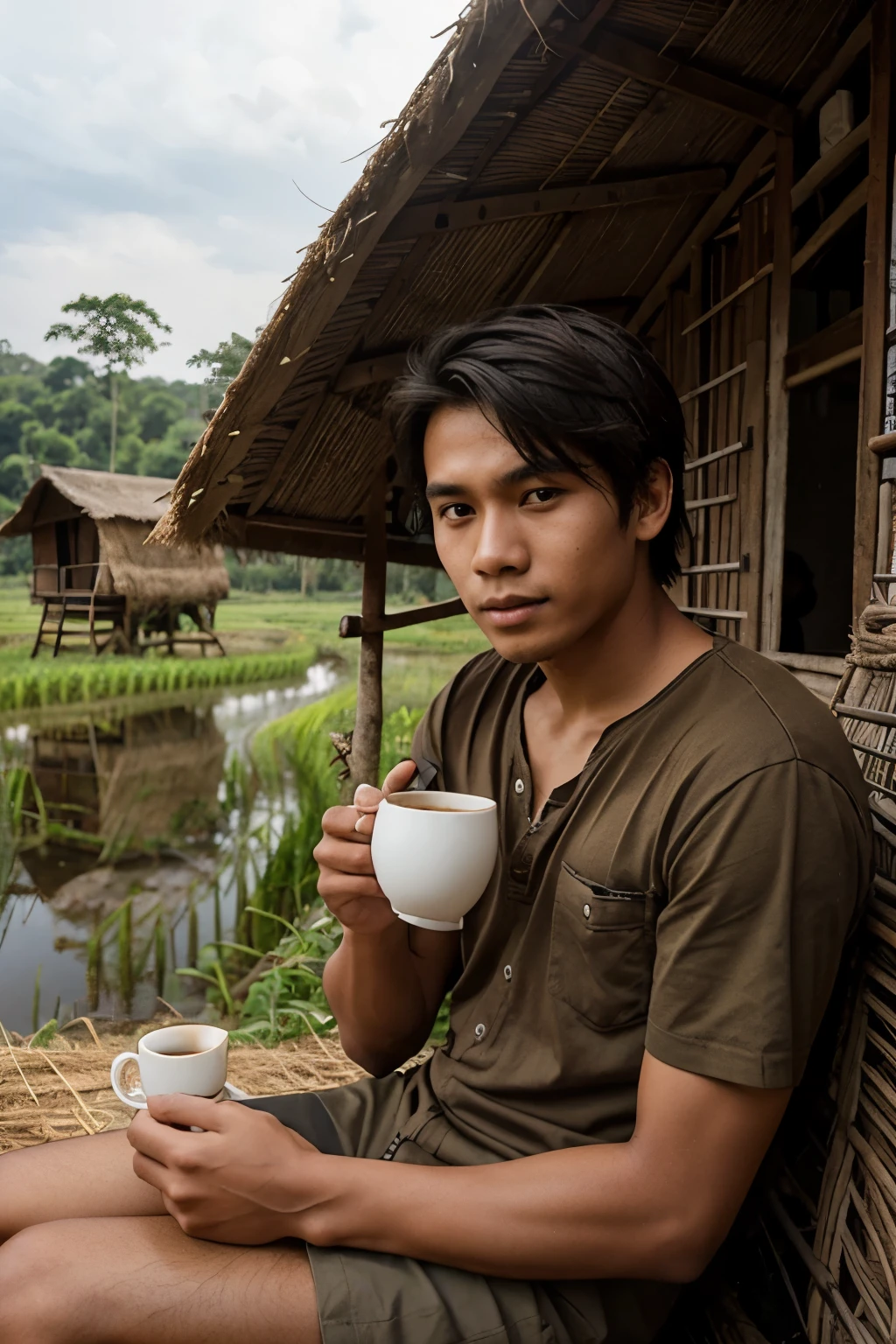 A 19 year old man from Indonesia is sitting in a beautiful rice field hut while enjoying a cup of coffee