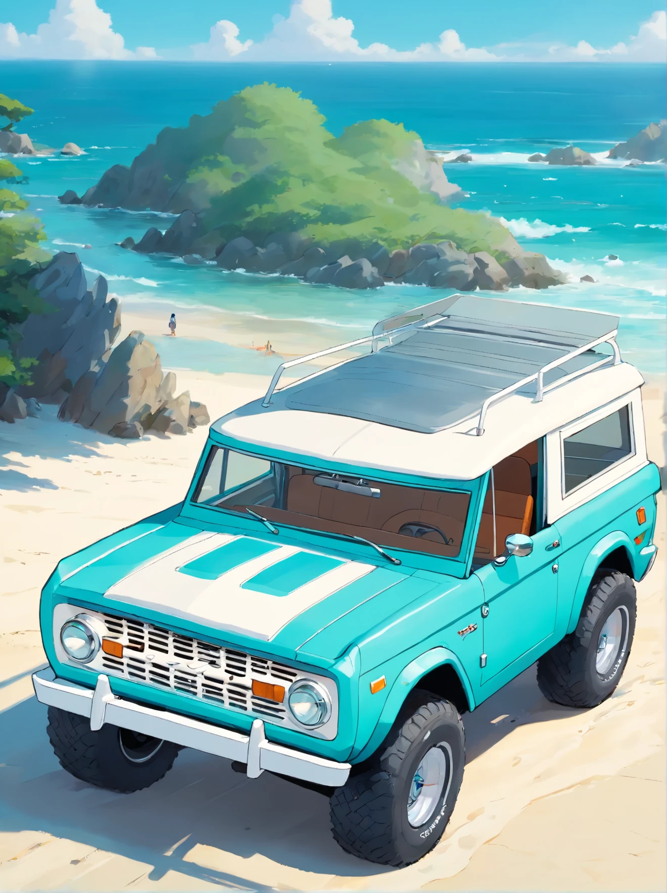 1971 ford bronco, aqua color, with white roll bar, white grill, white wheels and big tires on a beach