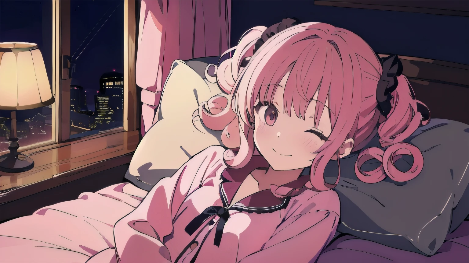 Very detailed, Detailed Background, (highest quality, masterpiece, High resolution), One girl, Demure, (Curly Hair:1.4), Twin tails, smile, Mid-chest, Pink Hair, Upper Body, pajamas, long hair、 (night:1.4), Dimly lit room, Co-sleeping style, reluctant machine