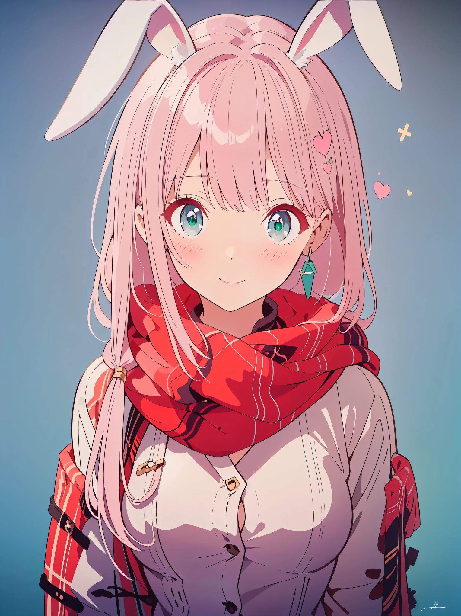 (((rabbit ears))),{{{{tmasterpiece}}}}, {{{ultra - detailed}}}, {{{A high resolution}}}, {{Good anatomy}}, (((Best quality at best))), ((Maximalism)),((Emerald eyes,with pink hair)),{{Extremely detailed and refined}}, {8k CG wallpaper}, {{illustratio,Get on camera,closeup of face,Face portrait}}, (long hair|straight hair|white hair|detailed hair|blunt bangs|shinny hair),((plaid blouse: The red and brown,vintage hairstyle,cardigan,brown and gray knitted scarf)),proud face,ear rings,Blushing with joy,girlfriend lens,(1 girl:1), Alone,little breast, (color difference:1.2)