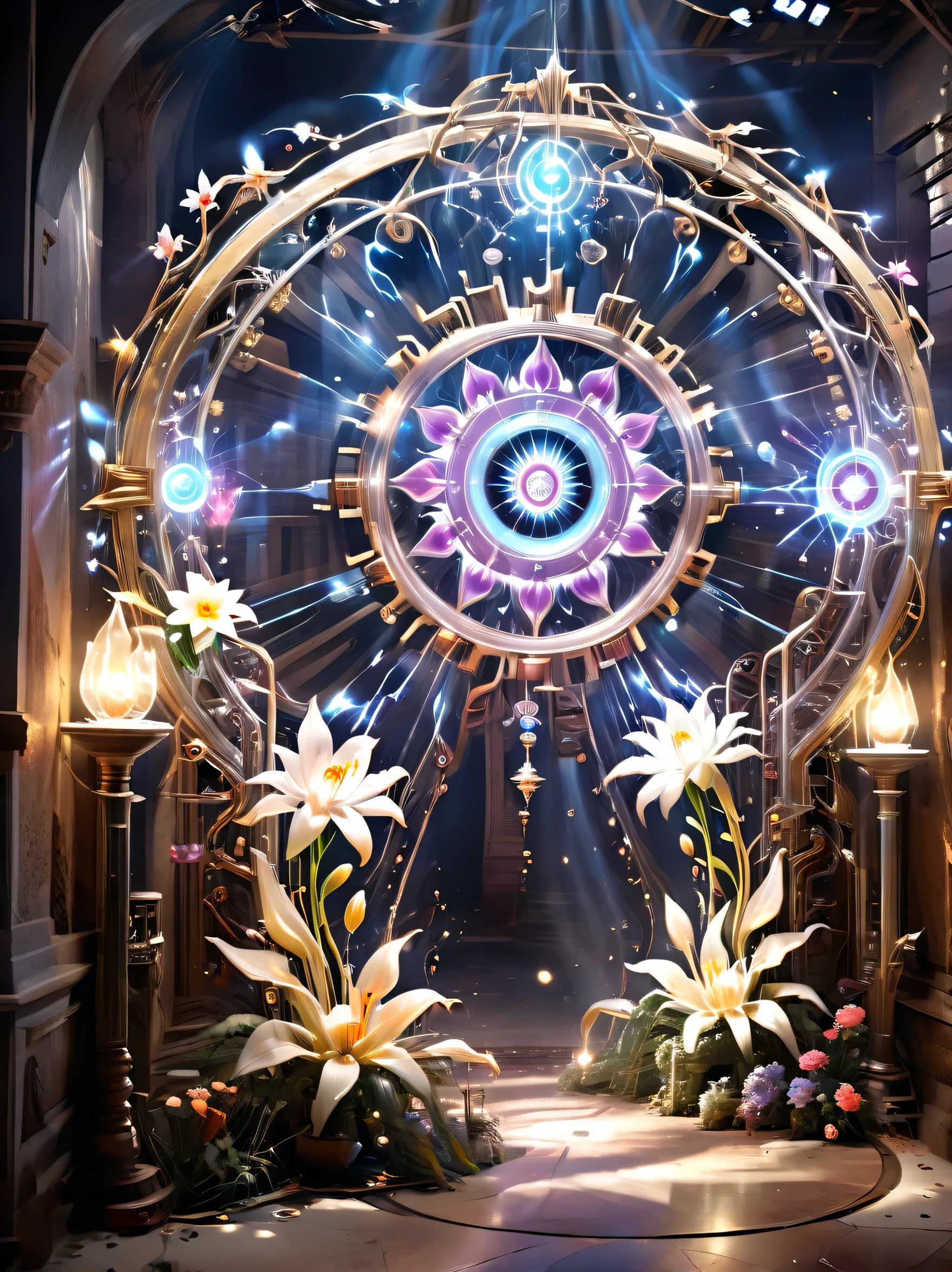Hall of Peace of Love,Flower altar,the energy of love spreads,Strange case with the circle,Splashes of flowers,Pure cosmic energy transparent magic circle,Disc of magical energy,Wheel of Time and Space,wheel of light,electric wheel,magic drawn polygons,epic magical fantasy,Epic surrealism,Epic Thunder Magic,Epic Ancient Totem,Epic Mysterious Magic Light,Epic dark magic,epic gothic style, Detailed, photorealistic, 8K