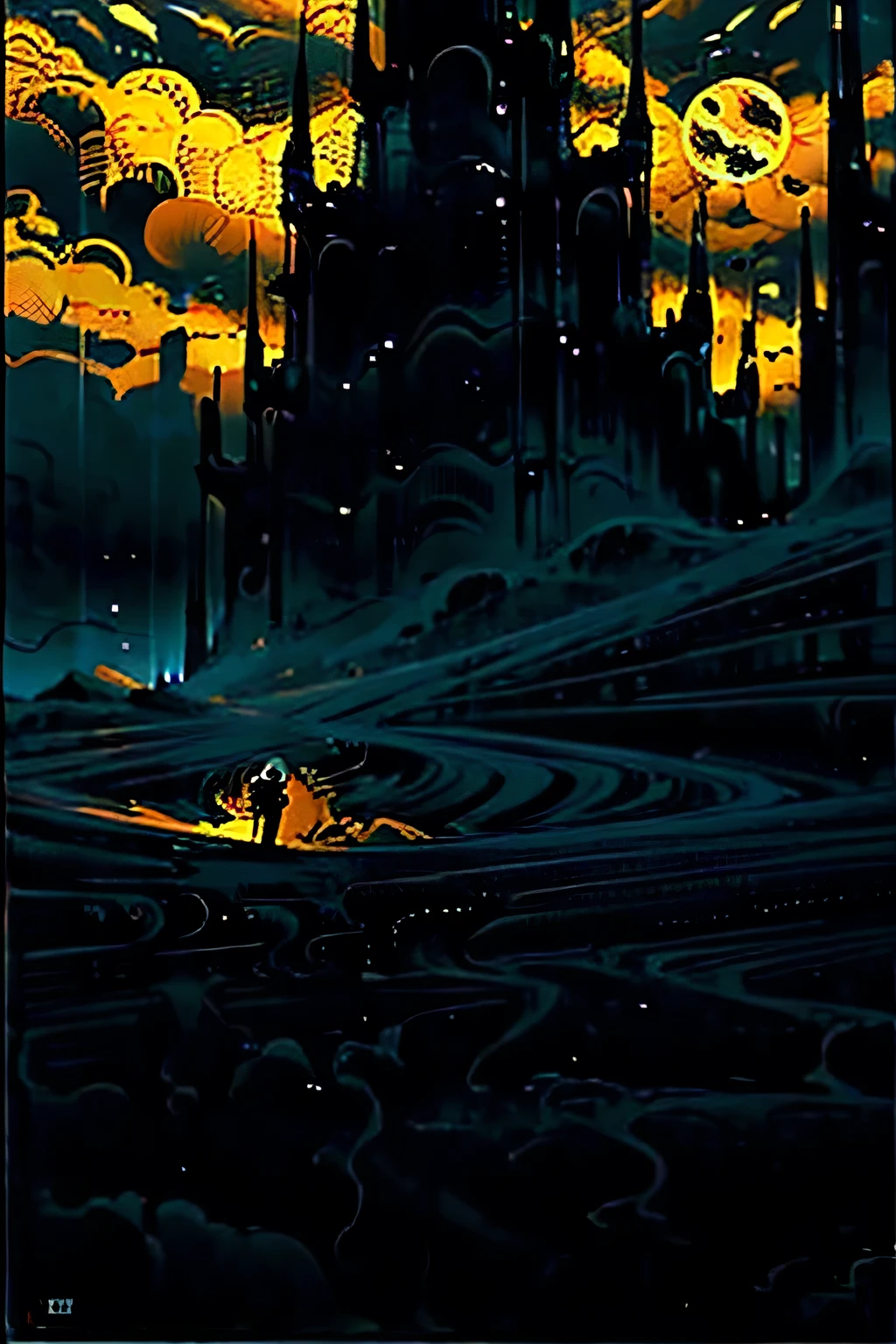 80s, cyber punk, horror, driving through the mountains, initial d anime, wide scene, highway, subject inside car, night time, dark, full body, driving, wide shot
