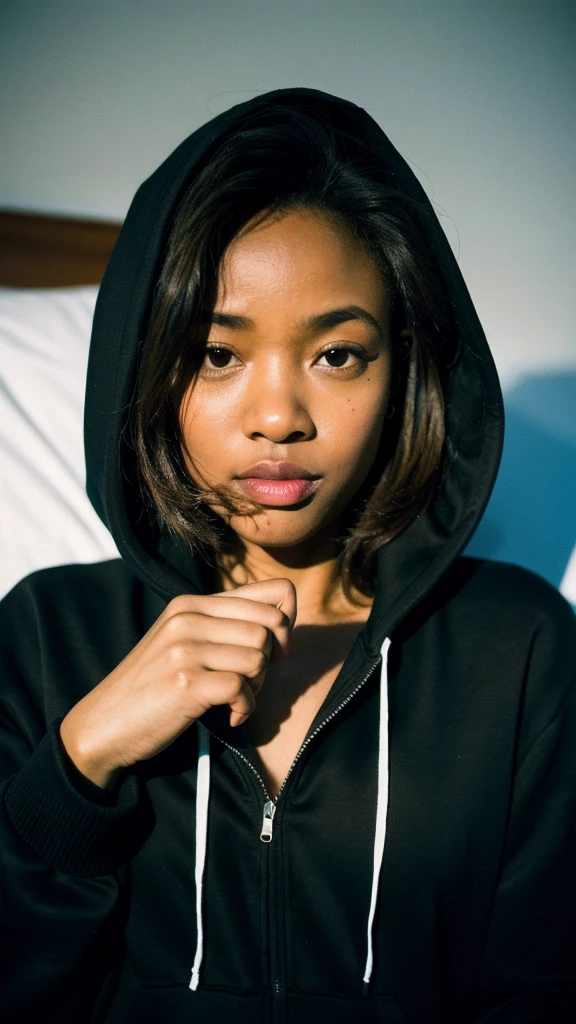 (best quality,realistic,highres,masterpiece:1.2),ultra-detailed,photorealistic:1.37,portrait,black South African woman wearing a black hoodie,bed,night,summer,lustful,film grain,Ilford HP5,85mm