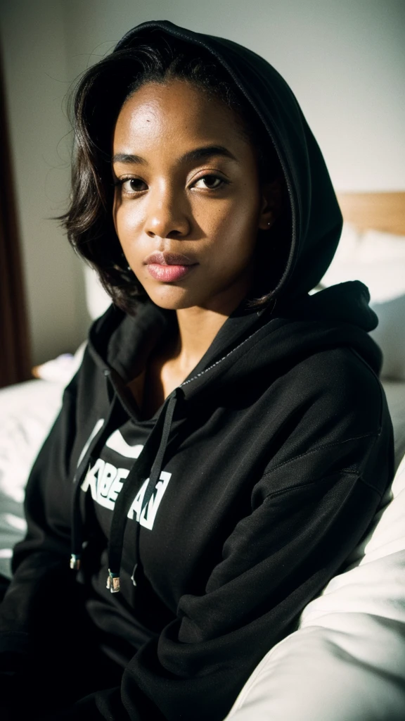 (best quality,realistic,highres,masterpiece:1.2),ultra-detailed,photorealistic:1.37,portrait,black South African woman wearing a black hoodie,bed,night,summer,lustful,film grain,Ilford HP5,85mm