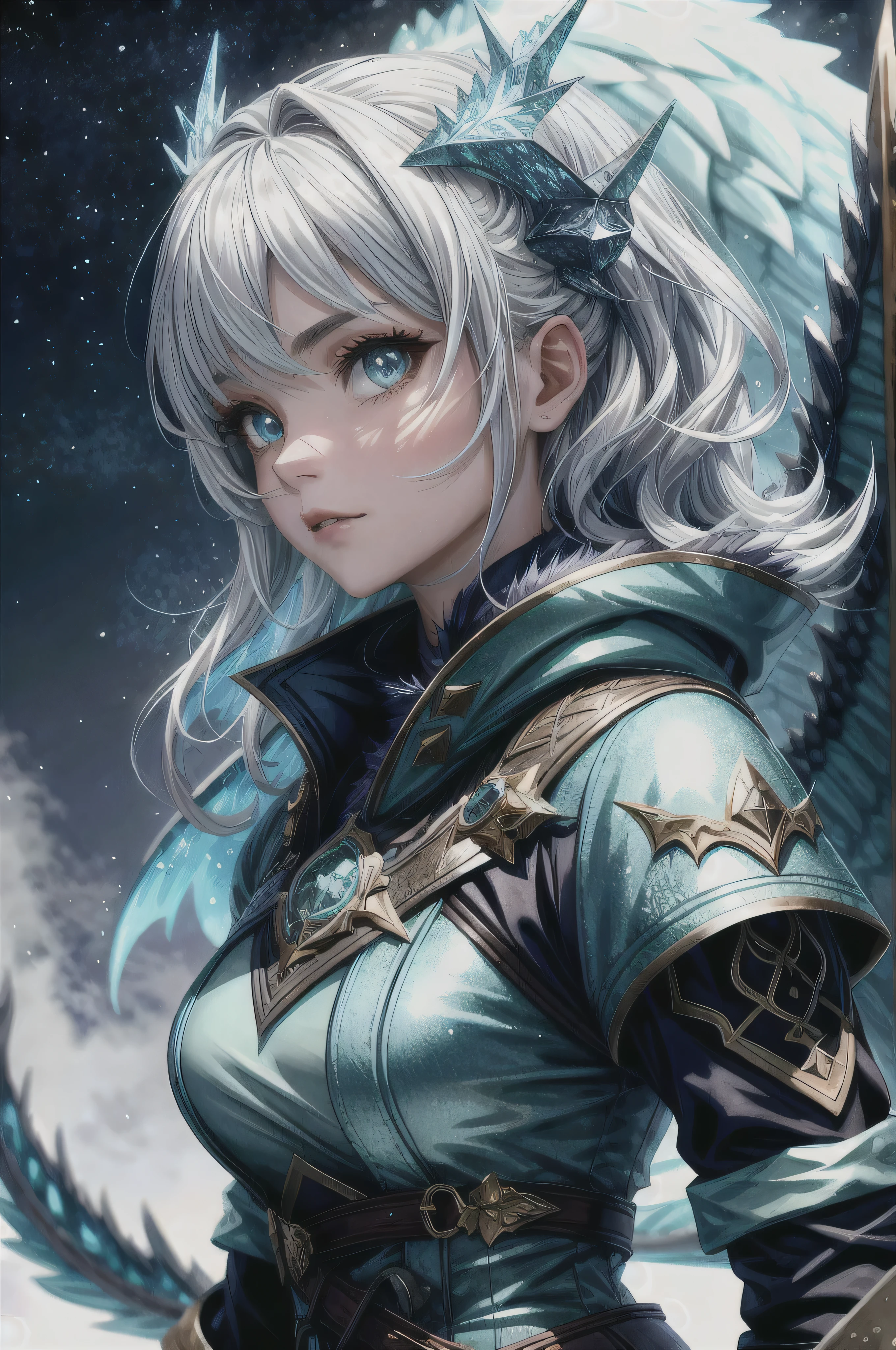 A girl stood before a majestic frost dragon, its icy scales glistening in the moonlight and casting a silvery glow on the surrounding snow. The air around them crackled with cold magic, and her breath formed frosty clouds as she reached out to touch its snout. The dragon’s eyes, like frozen sapphires, locked onto hers with an ancient, knowing gaze. What adventure awaits her as she bonds with this powerful creature, uncovering secrets of the frozen realms and the ancient magic they both possess?