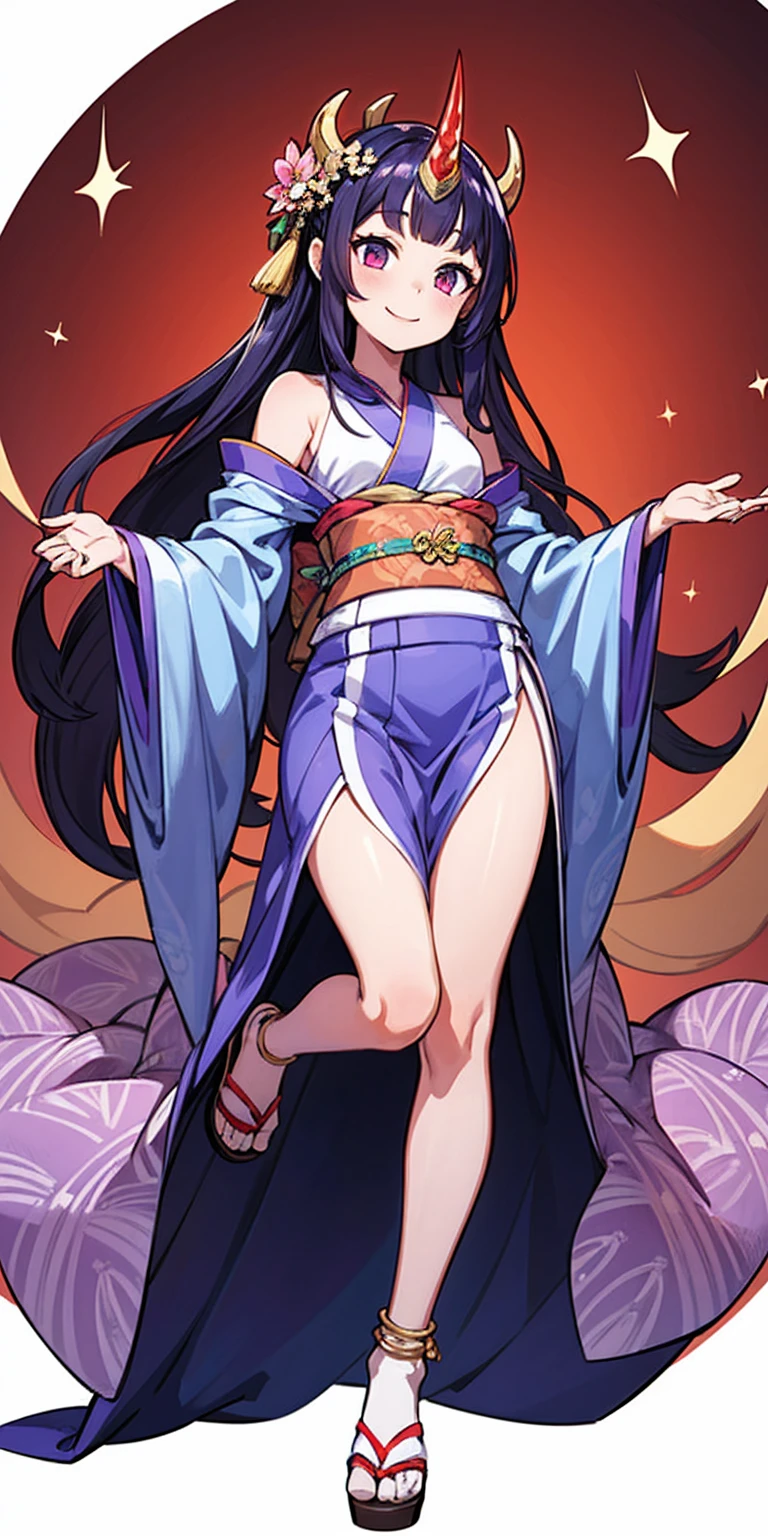 (Masterpiece, plain background:1.2) 1sologirl female full body, standing straight symmetrical feet together looking to camera view from below, strong abs, red cheeks smiling, far shot from below intricate details, spirit blossom soraka, 1girl, purple skin, colored skin, single horn, kimono, hair ornament, bare shoulders, smile