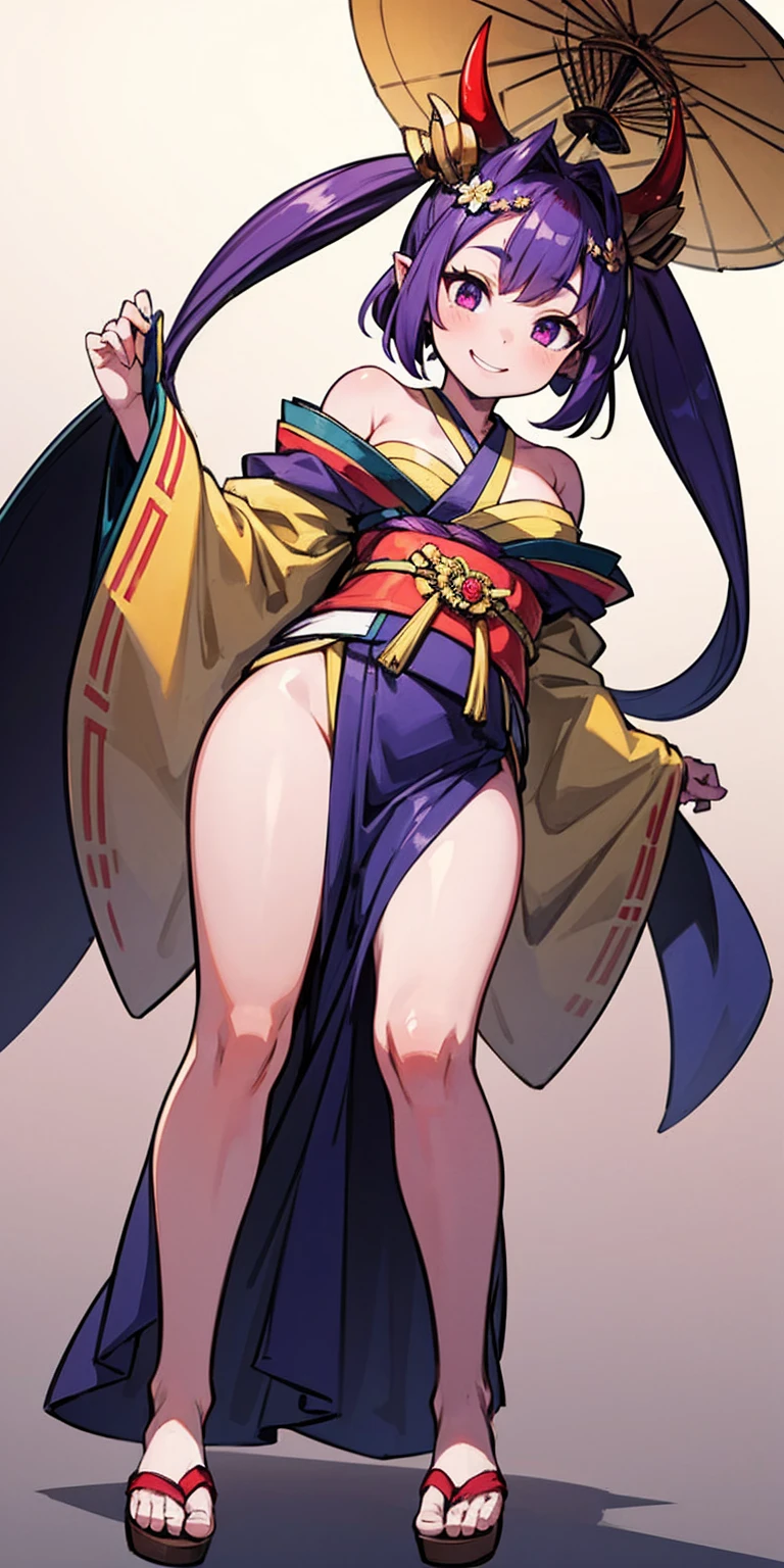 (Masterpiece, plain background:1.2) 1sologirl female full body, standing straight symmetrical feet together looking to camera view from below, strong abs, red cheeks smiling, far shot from below intricate details, spirit blossom soraka, 1girl, purple skin, colored skin, single horn, kimono, hair ornament, bare shoulders, smile