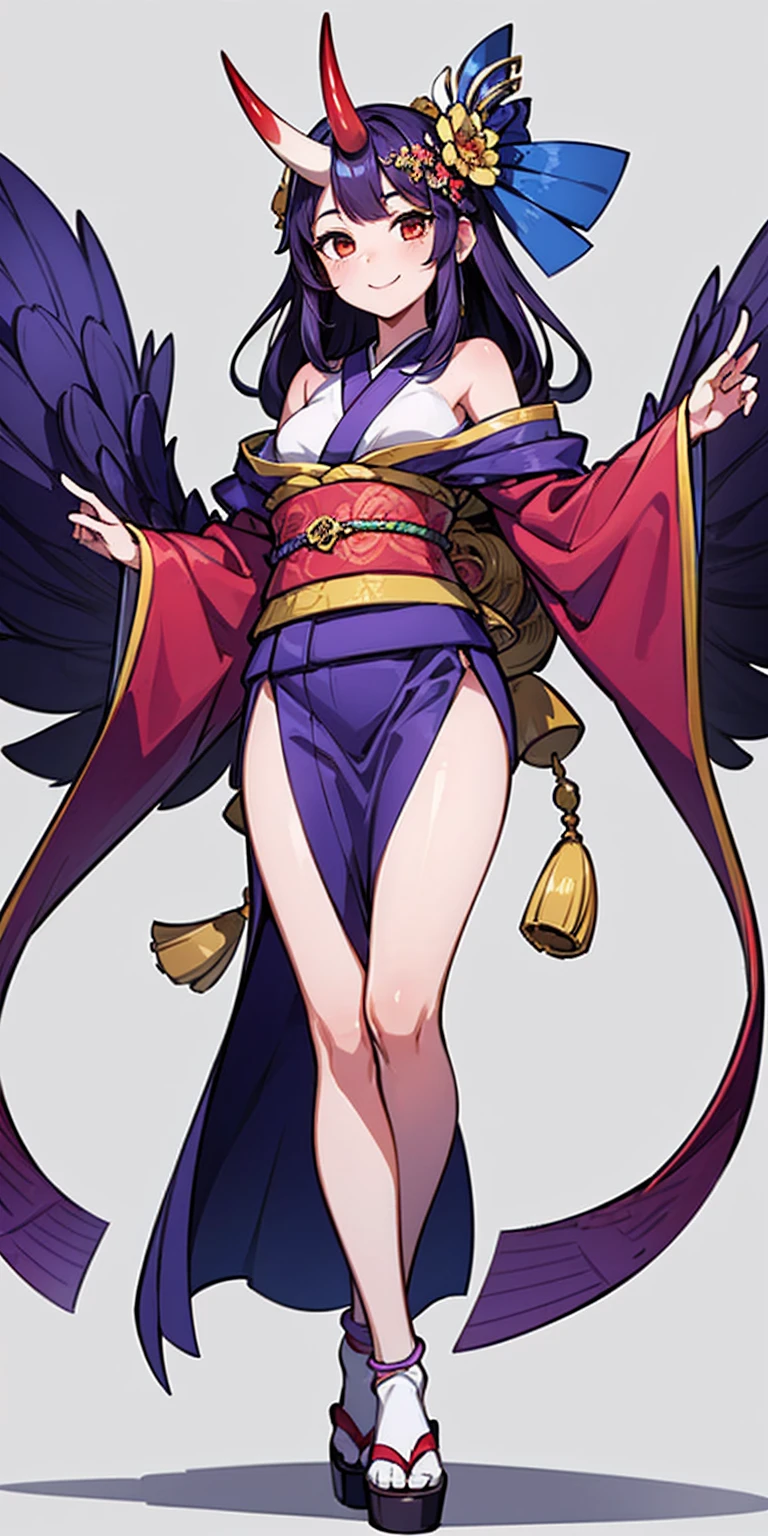 (Masterpiece, plain background:1.2) 1sologirl female full body, standing straight symmetrical feet together looking to camera view from below, strong abs, red cheeks smiling, far shot from below intricate details, spirit blossom soraka, 1girl, purple skin, colored skin, single horn, kimono, hair ornament, bare shoulders, smile
