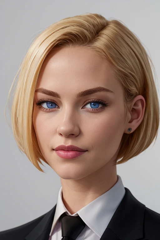 masterpiece, high quality, best quality, realistic, fine detail, black suit, black necktie, MIBSuit, white shirt, Black Suit, Black Jacket Coat, Formal Look, large breasts, (muscular female:0.8), portrait, upper body, blank background, Agent L, blue eyes, blonde hair, short hair, bob hair, black suit, black jacket