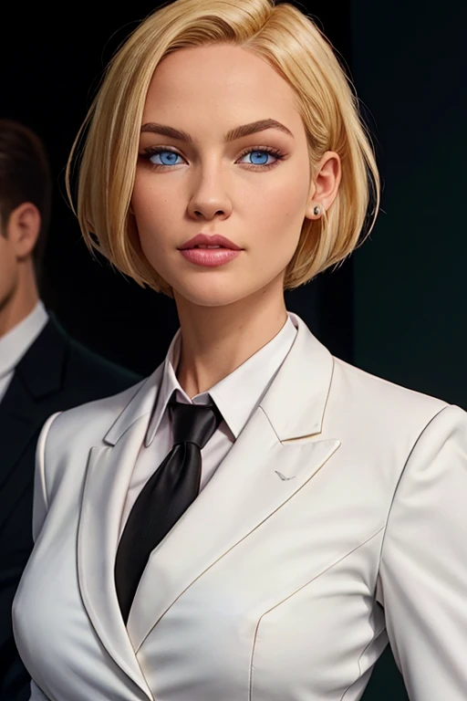 masterpiece, high quality, best quality, realistic, fine detail, black suit, black necktie, MIBSuit, white shirt, Black Suit, Black Jacket Coat, Formal Look, large breasts, (muscular female:0.8), portrait, upper body, blank background, Agent L, blue eyes, blonde hair, short hair, bob hair, black suit, black jacket