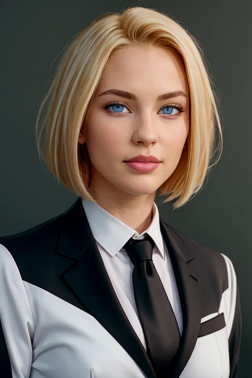 masterpiece, high quality, best quality, realistic, fine detail, black suit, black necktie, MIBSuit, white shirt, Black Suit, Black Jacket Coat, Formal Look, large breasts, (muscular female:0.8), portrait, upper body, blank background, Agent L, blue eyes, blonde hair, short hair, bob hair, black suit, black jacket