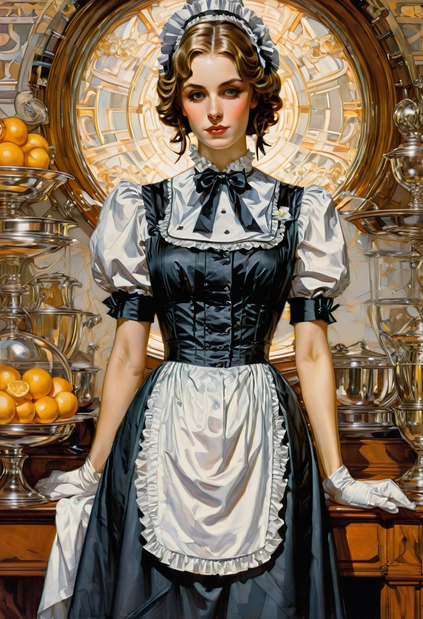 Maid Outfit, by J.C. Leyendecker, best quality, masterpiece, very aesthetic, perfect composition, intricate details, ultra-detailed