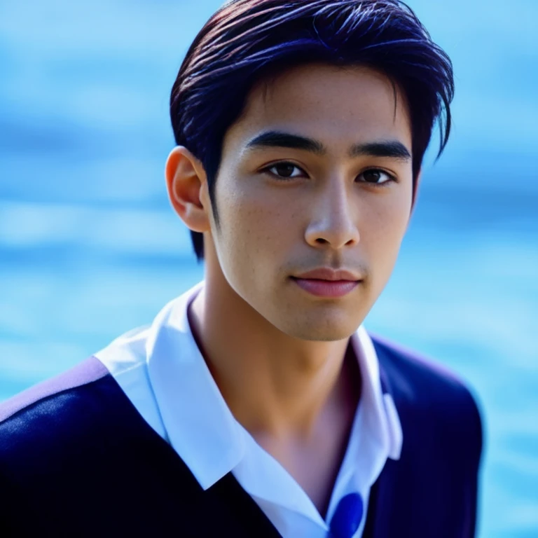 The man wearing a blue tie White shirt and tie, Very handsome, very realistic, handsome faceเหลาและน่าดึงดูด, Asian man, handsome man, perfect handsome face, handsome face and beautiful face, Handsome and charming, high quality vertical, Profile picture, handsome face, Realistic art style, good looking face, Charming and good looking, beautiful young man, beautiful male face