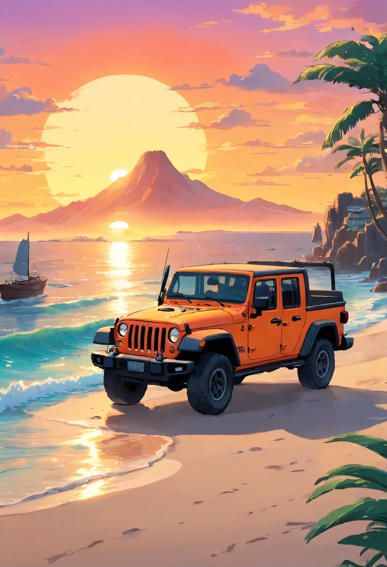 sticker design, Jeep Gladiator Gravity,  Sunset background, palmeiras, 5 layers of color, Beach by the sea,