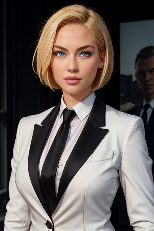 masterpiece, high quality, best quality, realistic, fine detail, black suit, black necktie, MIBSuit, white shirt, Black Suit, Black Jacket Coat, Formal Look, large breasts, (muscular female:0.8), portrait, upper body, blank background, Agent L, blue eyes, blonde hair, short hair, bob hair, black suit, black jacket