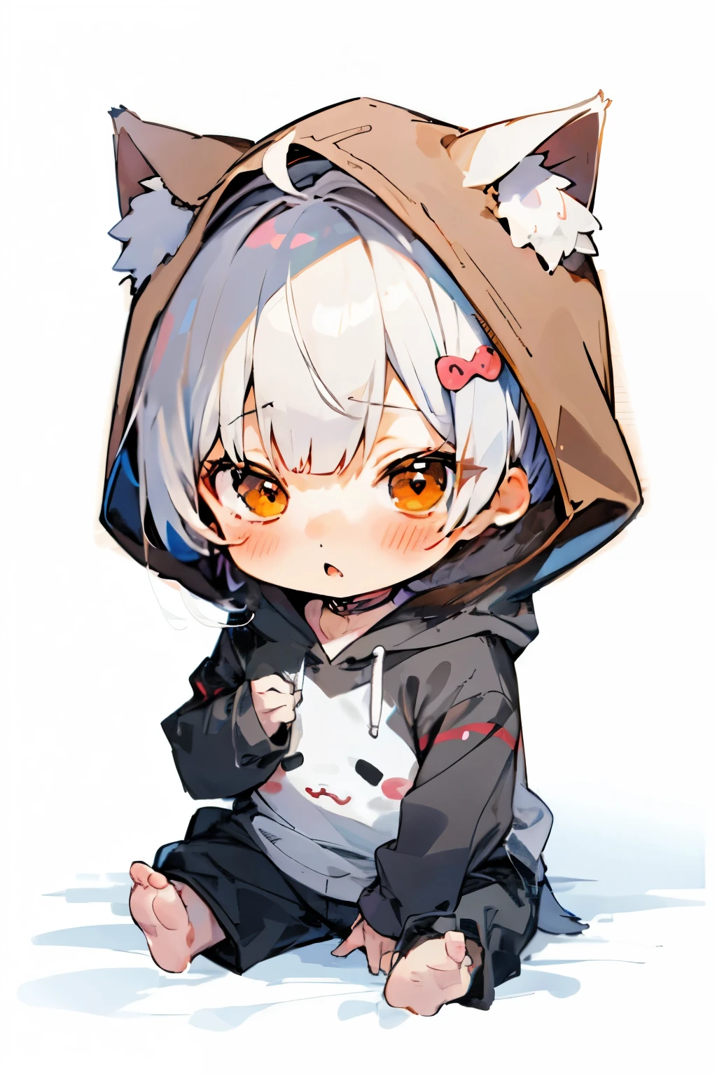 BL,Shota,,Kindergarteners,blush,boy,living、,infancy,1,white bronze　hair,kawaii,chibi,nekomimi hoodie,blunt bangs,brown eyes