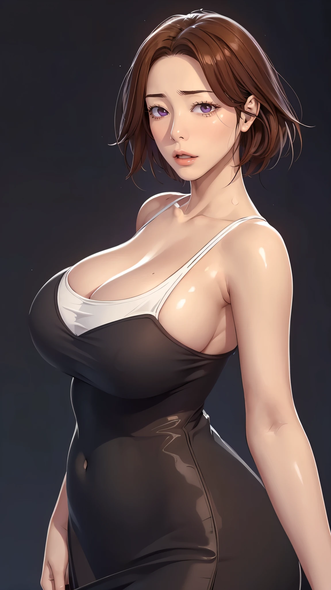 （（（完美figure，figure，solo， White and tender skin，（（（Cyberpunk，Black dress, ））），（（（junescdef,brown hair,purple eyes,medium hair，））），((masterpiece)),high resolution, ((Best quality at best))，masterpiece，quality，Best quality，（（（ Exquisite facial features，Looking at the audience,There is light in the eyes，(（（lol，Happy，blush））），））），（（（Light and shadow，Huge breasts））），（（（Looking at the camera，black background，)）））