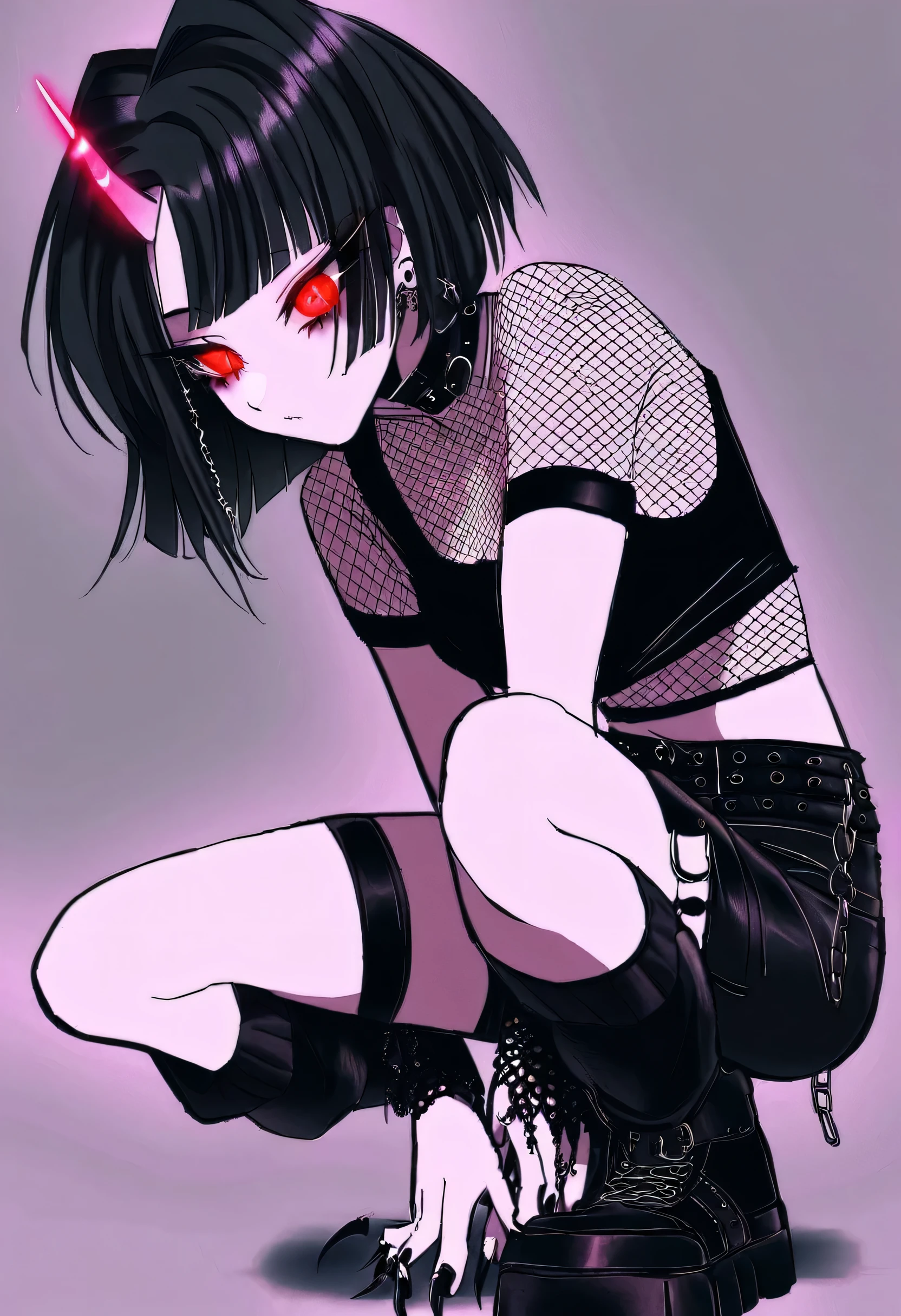 edgPastelGoth, masterpeice, goth girl, black hair, short hair, eyes partially covered by hair, black crop shirt, dark jeans shorts, black sneakers, fishnet shirt, black fingernails, choker, red eye, glowing eye, one side demon horn, crouching down, looking away