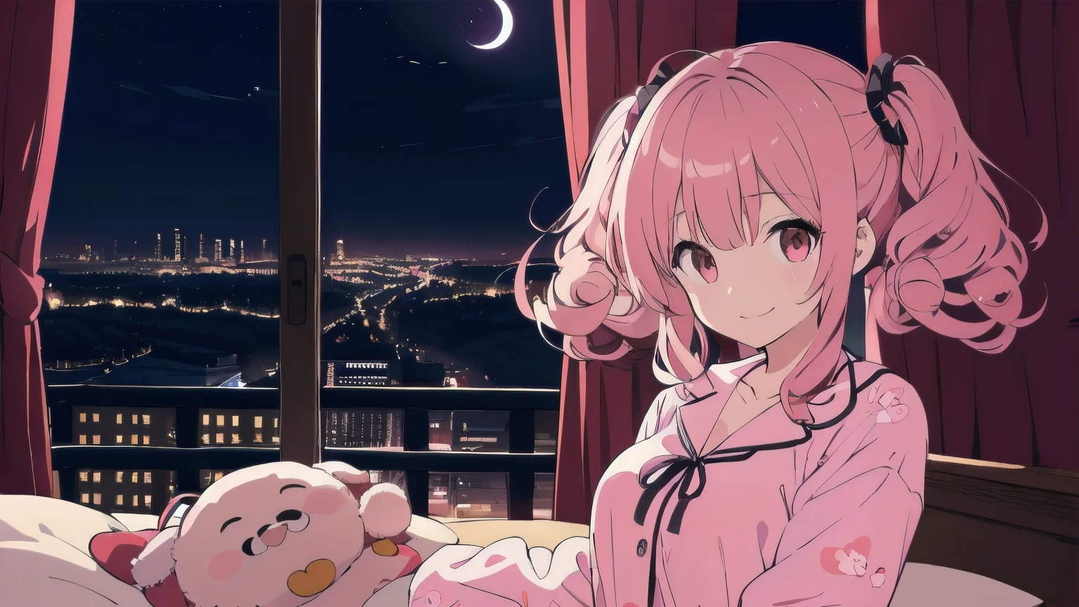 Very detailed, Detailed Background,　(highest quality, masterpiece, High resolution), One girl,　Demure,　(Curly Hair:1.4), Twin tails, smile,　 Mid-chest, Pink Hair,  Upper Body, pajamas,　long hair、　(night:1.4),　Dimly lit room, reluctant machine