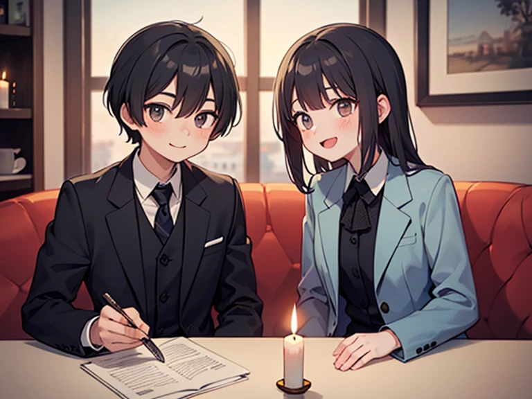 two others, absolutely identical teenagers: cute boy in three-piece suit and beautiful  girl(twins), Best friends, smile , sitting in a cafe, evening, candles, coffee, muted tones 