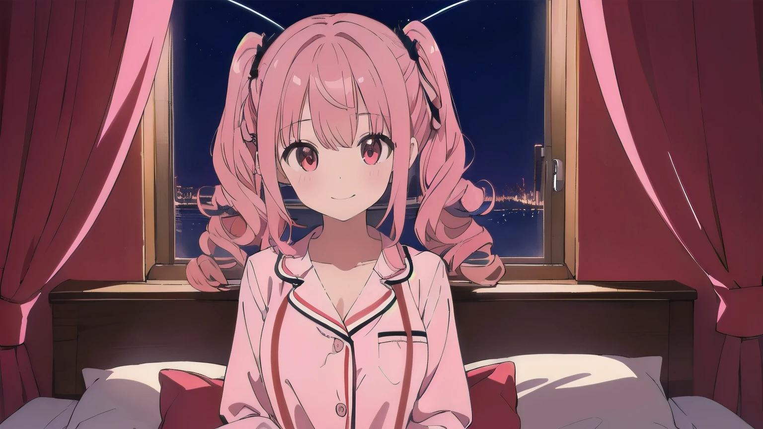 Very detailed, Detailed Background,　(highest quality, masterpiece, High resolution), One girl,　Demure,　(Curly Hair:1.4), Twin tails, smile,　 Mid-chest, Pink Hair,  Upper Body, pajamas,　long hair、　(night:1.4),　Dimly lit room, reluctant machine