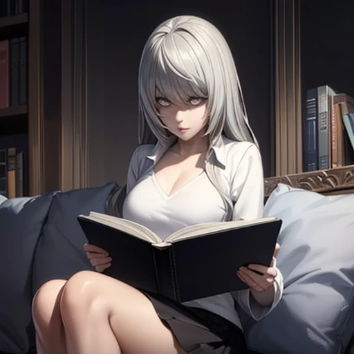 8K, mouthpiece, ((one beautiful woman)),((Death Note Drawing)), Almost solo, ((one beautiful woman)), ((black eye)), gray hair, long hair, reading a book