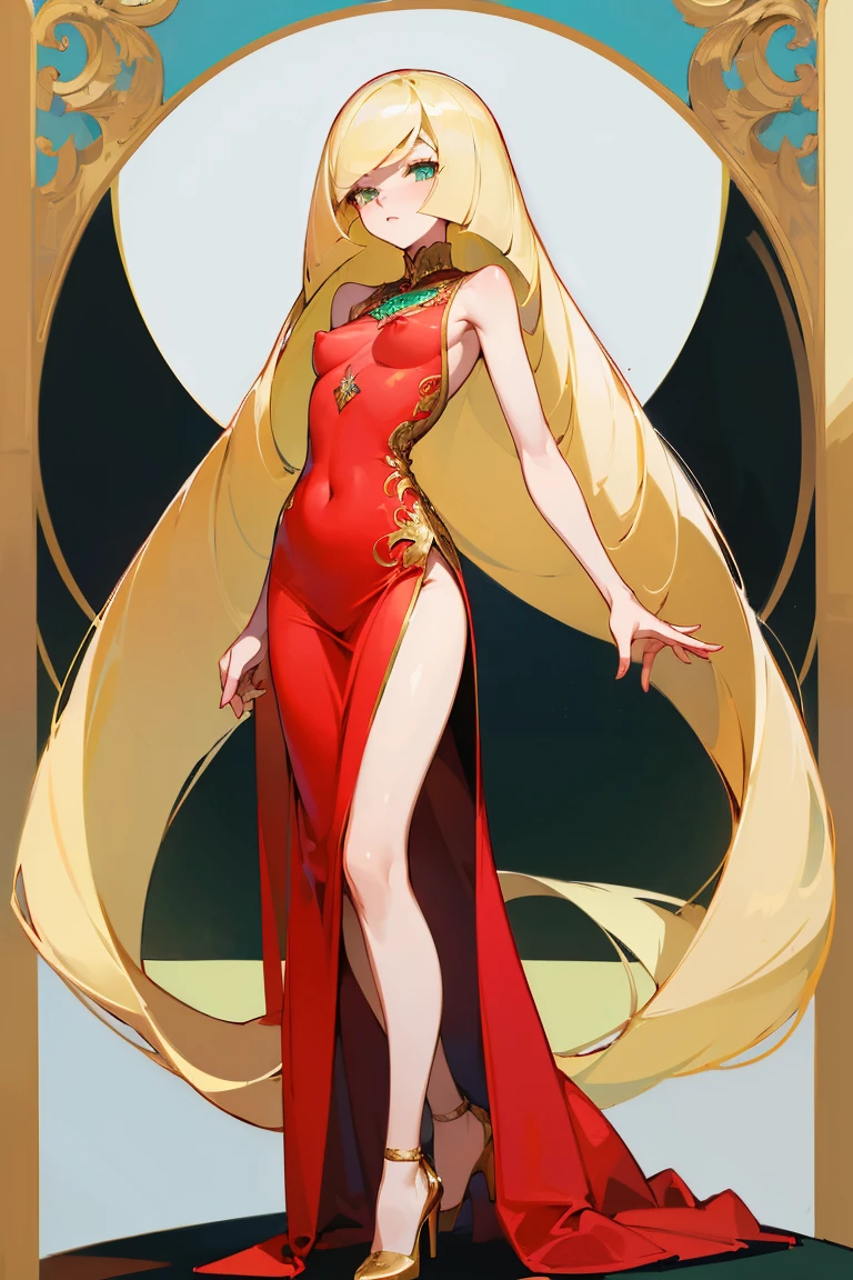 ((highest quality)), ((masterpiece)), (Familiar), Lusamine,nsfw,thin,Long Blonde Hair,Small breasts,Small breasts,Erect nipples,Adult female,Green Eyes,Slanted Eyes,Sleeveless dress,Gorgeous red dress,Gold embroidery,High heels,Fascinating,Long skirt