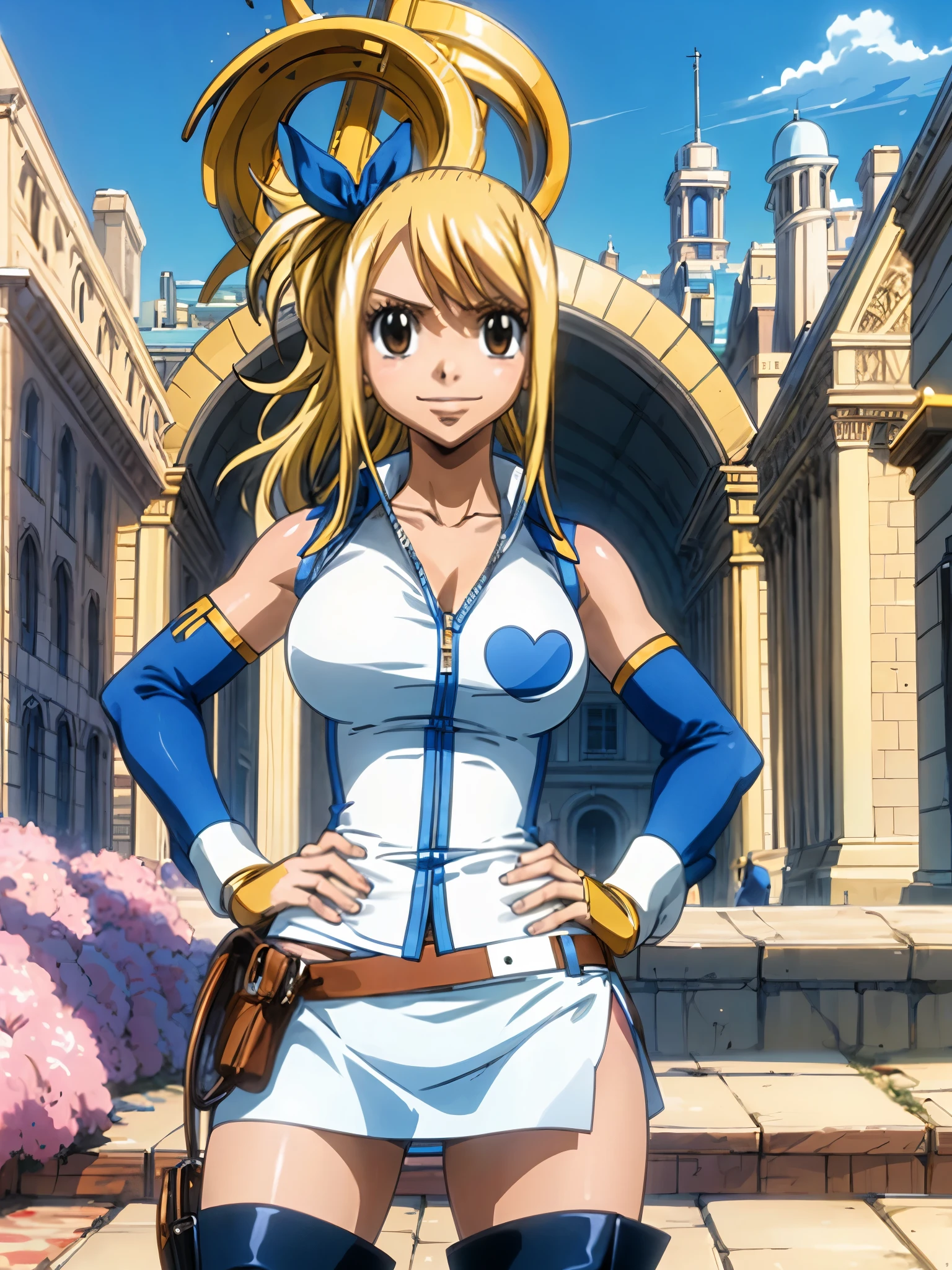 (masterpiece, best quality:1.2), solo, 1girl, lucy heartfilia, smile, looking ta viewer, hands on hips, blue sleeveless, miniskirt, thigh boots