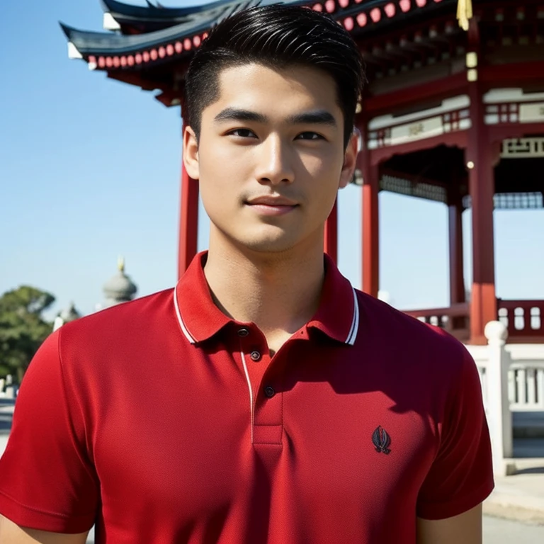 arafed man in black shirt standing in front of a pagoda, wearing a polo shirt, Asian man, light stubble with black shirt สวมชุดทางการสีแดง, Damian Tran, wearing black, Handsome Chad Chin, black shirt, Asian people, Christopher Chao, A well-maintained model, Inspired by David Diao, Profile picture, Southeast Asians with round faces