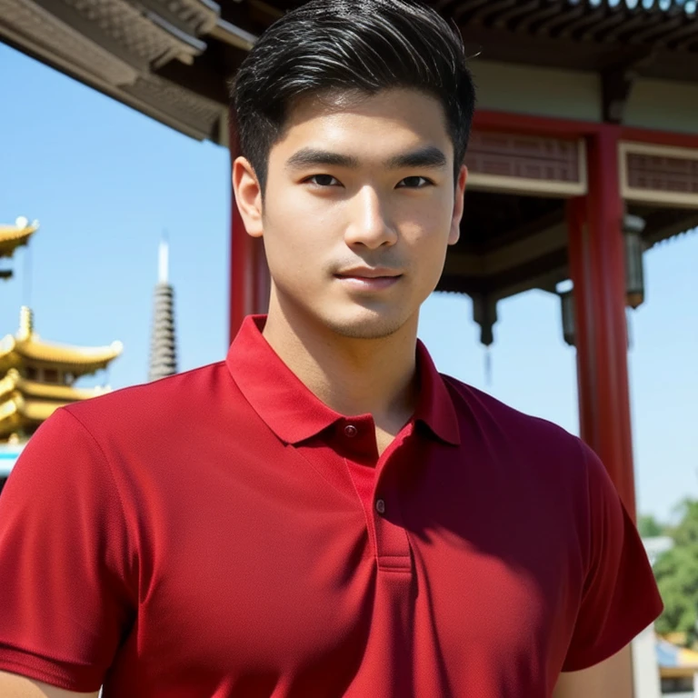 arafed man in black shirt standing in front of a pagoda, wearing a polo shirt, Asian man, light stubble with black shirt สวมชุดทางการสีแดง, Damian Tran, wearing black, Handsome Chad Chin, black shirt, Asian people, Christopher Chao, A well-maintained model, Inspired by David Diao, Profile picture, Southeast Asians with round faces