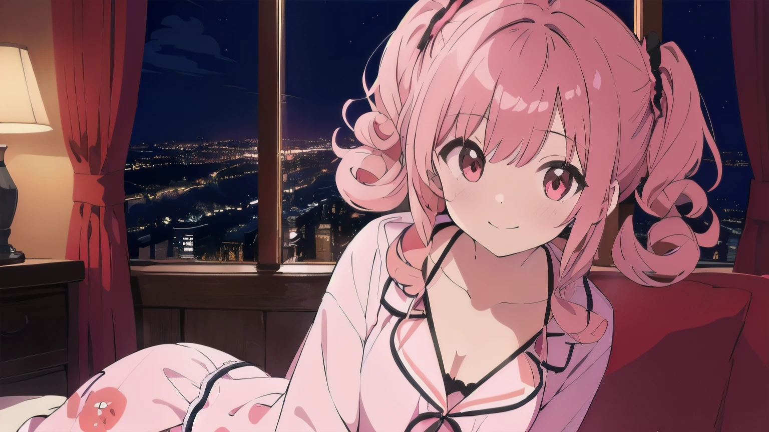 Very detailed, Detailed Background, (highest quality, masterpiece, High resolution), One girl, Demure, (Curly Hair:1.4), Twin tails, smile, Mid-chest, Pink Hair, Upper Body, pajamas, long hair、 (night:1.4), Dimly lit room, reluctant machine