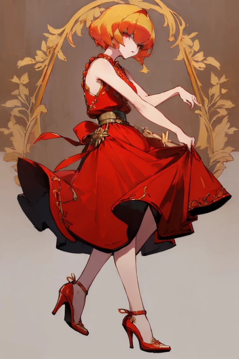 ((highest quality)), ((masterpiece)), (be familiar with),Clementine,Overload,nsfw,Sleeveless dress,Gorgeous red dress,Gold embroidery,High heels,Fascinating,Long skirt