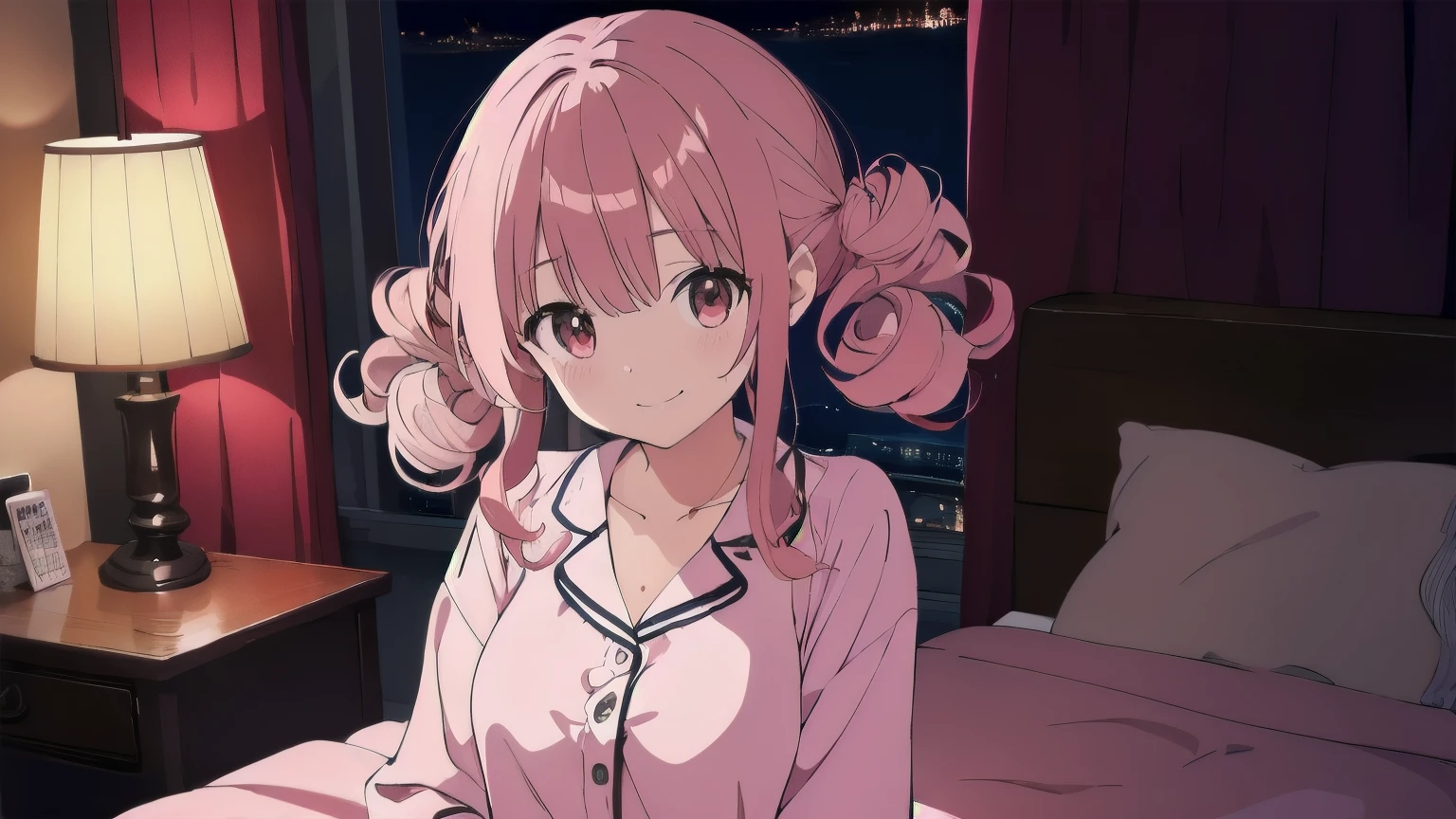 Very detailed, Detailed Background,　(highest quality, masterpiece, High resolution), One girl,　Demure,　(Curly Hair:1.4), Twin tails, smile,　 Mid-chest, Pink Hair,  Upper Body, pajamas,　long hair、　(night:1.4),　Dimly lit room, reluctant machine