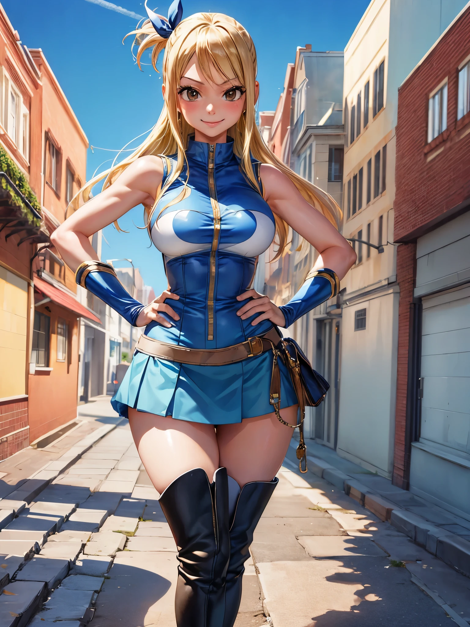 (masterpiece, best quality:1.2), solo, 1girl, lucy heartfilia, smile, looking ta viewer, hands on hips, blue sleeveless, miniskirt, thigh boots