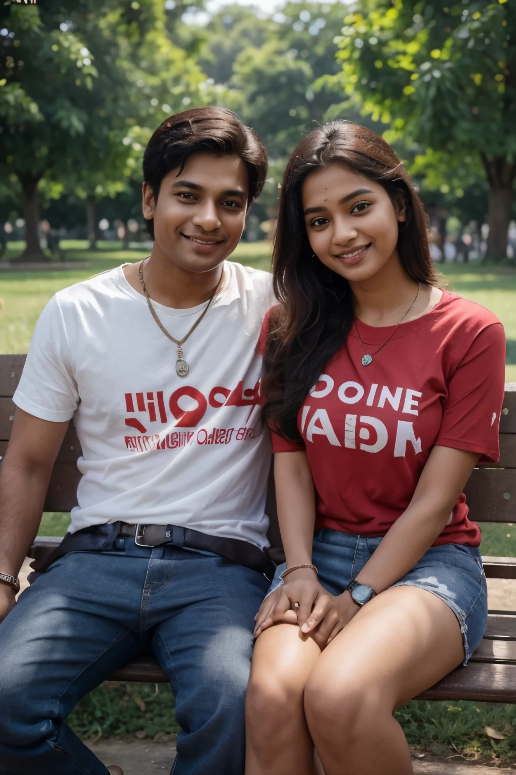 A young Indian couple sitting on a park bench together in a beautiful park. The man, wearing a red t-shirt with his name "Raj" in bold letters, smiles warmly at the woman. The woman, wearing a cute outfit with a watch and necklace, has her name "Hetal" written in bold letters on her t-shirt. They both smile at each other. Children are playing happily in the background. The image is high quality (4k). pen spark tune share moreover