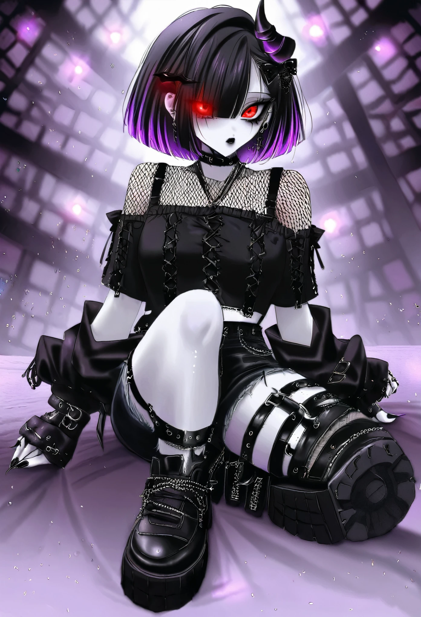 edgPastelGoth, masterpeice, goth girl, black hair, short hair, pale skin, eyes partially covered by hair, black crop shirt, dark jeans shorts, black sneakers, fishnet shirt, black fingernails, choker, red eye, glowing eye, one side demon horn