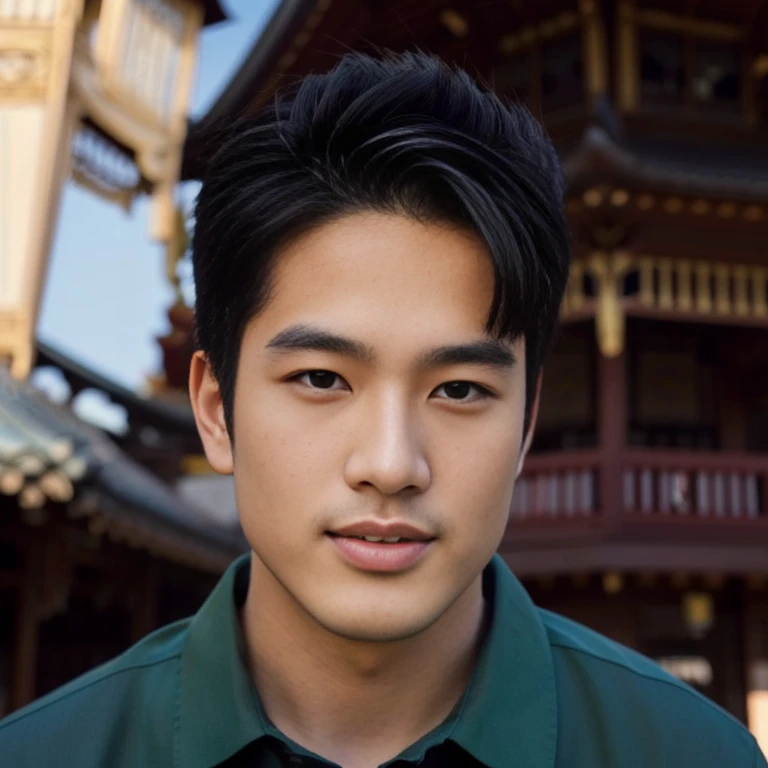arafed man in black shirt standing in front of a pagoda, wearing a polo shirt, Asian man, light stubble with black shirt สวมชุดทางการสีแดง, Damian Tran, wearing black, Handsome Chad Chin, black shirt, Asian people, Christopher Chao, A well-maintained model, Inspired by David Diao, Profile picture, Southeast Asians with round faces