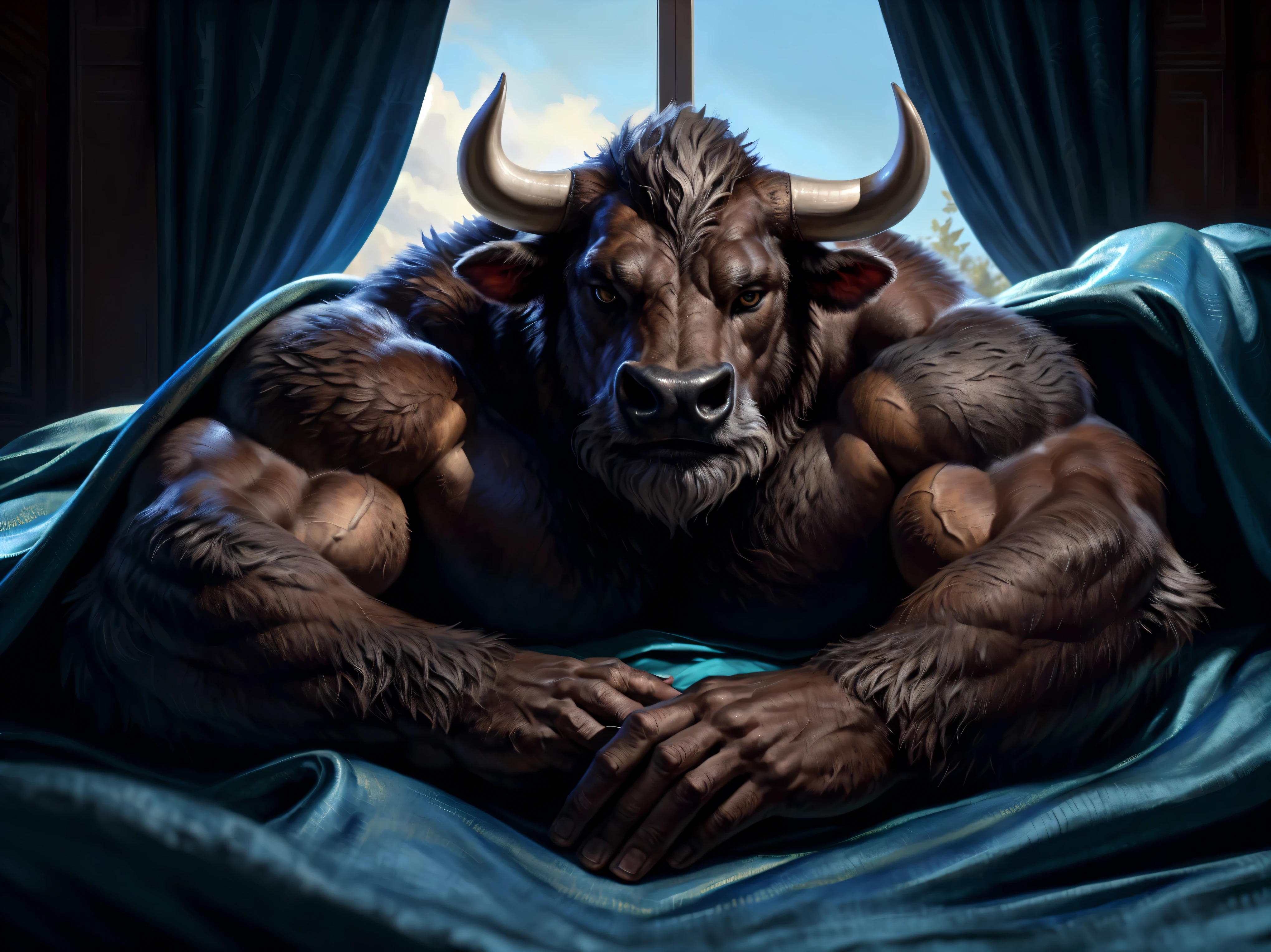 Sharp focus, masterpiece, 8k, intricate artwork, hyper detailed, high detail, best quality, perfect colors, perfect shadows, perfect lighting, posted on e621, furry body, (portrait shot, front view, close-up), posted on e621, furry body, solo, anthro bull, (massive strongman, beefy bodybuilder, buff, manly, brutal, masculine:1.3), (short full grey beard:1.6), (monotone brown fur, nails on hands:1.3), (curved big bovine horns), middle-aged, mature, male, correct anatomy, (photorealistic fur, detailed fur, epic, masterpiece:1.2), (by Taran Fiddler, by Rukis, Bonifasko lighting), (by Chunie:0.8), detailed bull eyes, modern bedroom background, high floor, panoramic window, curtains, bed, (lying on the bed, under the blanket, correct fingers:1.4)
