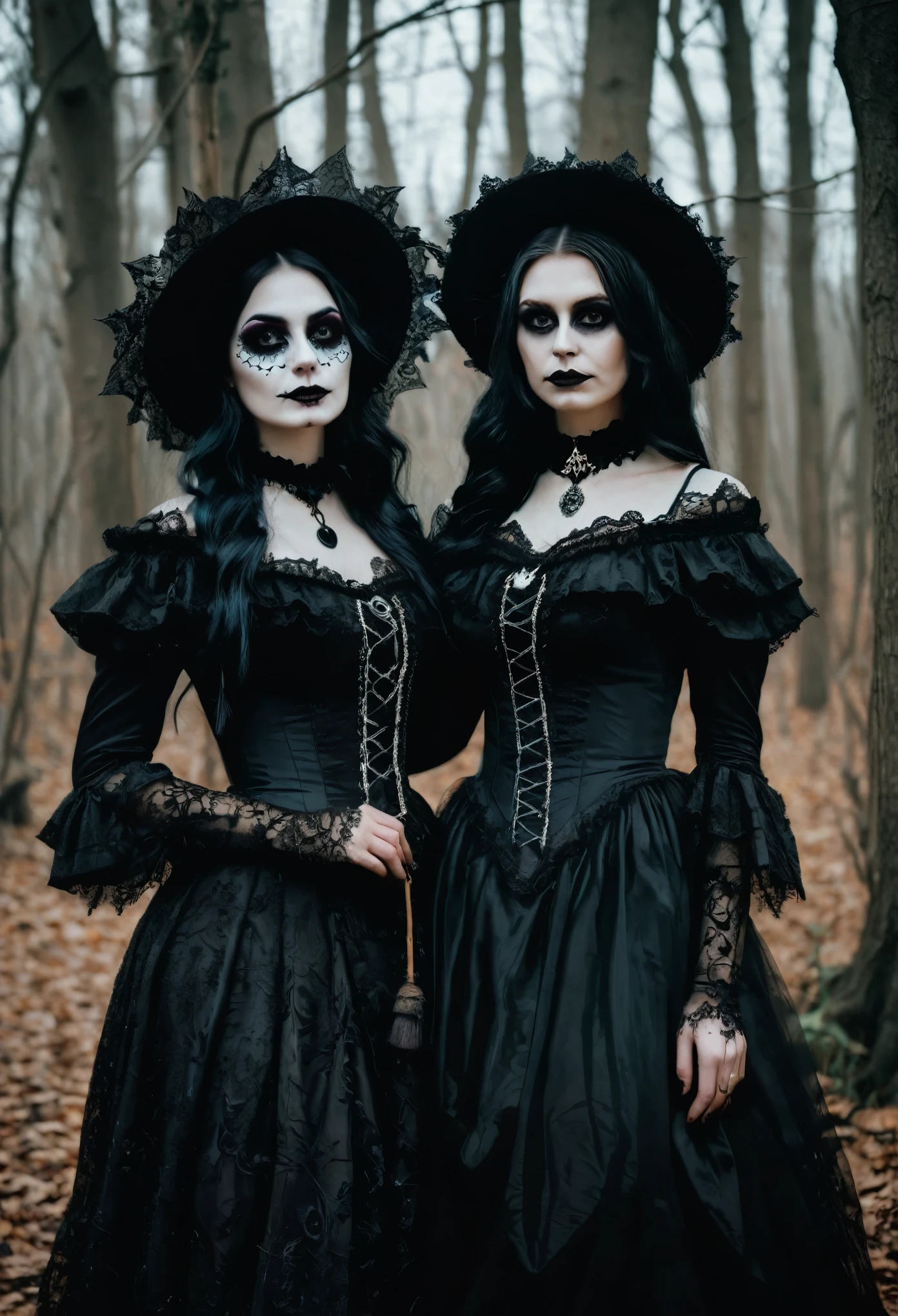 two women in costumes are standing in the woods, a portrait by Caroline Mytinger, tumblr, gothic art, witches, gothic horror vibes, victorian day of the dead, witch fairytale, halloween atmosphere, scarry but bewitching, dia de muertos dress and make up, celebrating day of the dead, gothic aesthetic, goth aesthetic, wearing a gothic dress