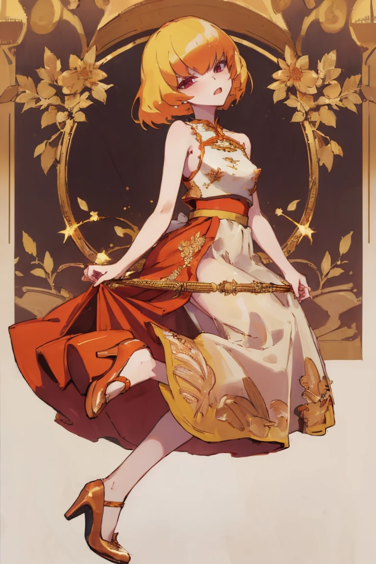 ((highest quality)), ((masterpiece)), (be familiar with),Clementine,Overload,nsfw,Sleeveless dress,Gold embroidery,High heels,Fascinating,Long skirt